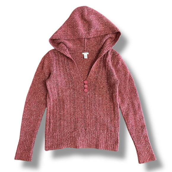 Maurices Y2K Marled Knit Hoodie Sweater Pink Pullover w/ Buttons Large - Picture 1 of 6